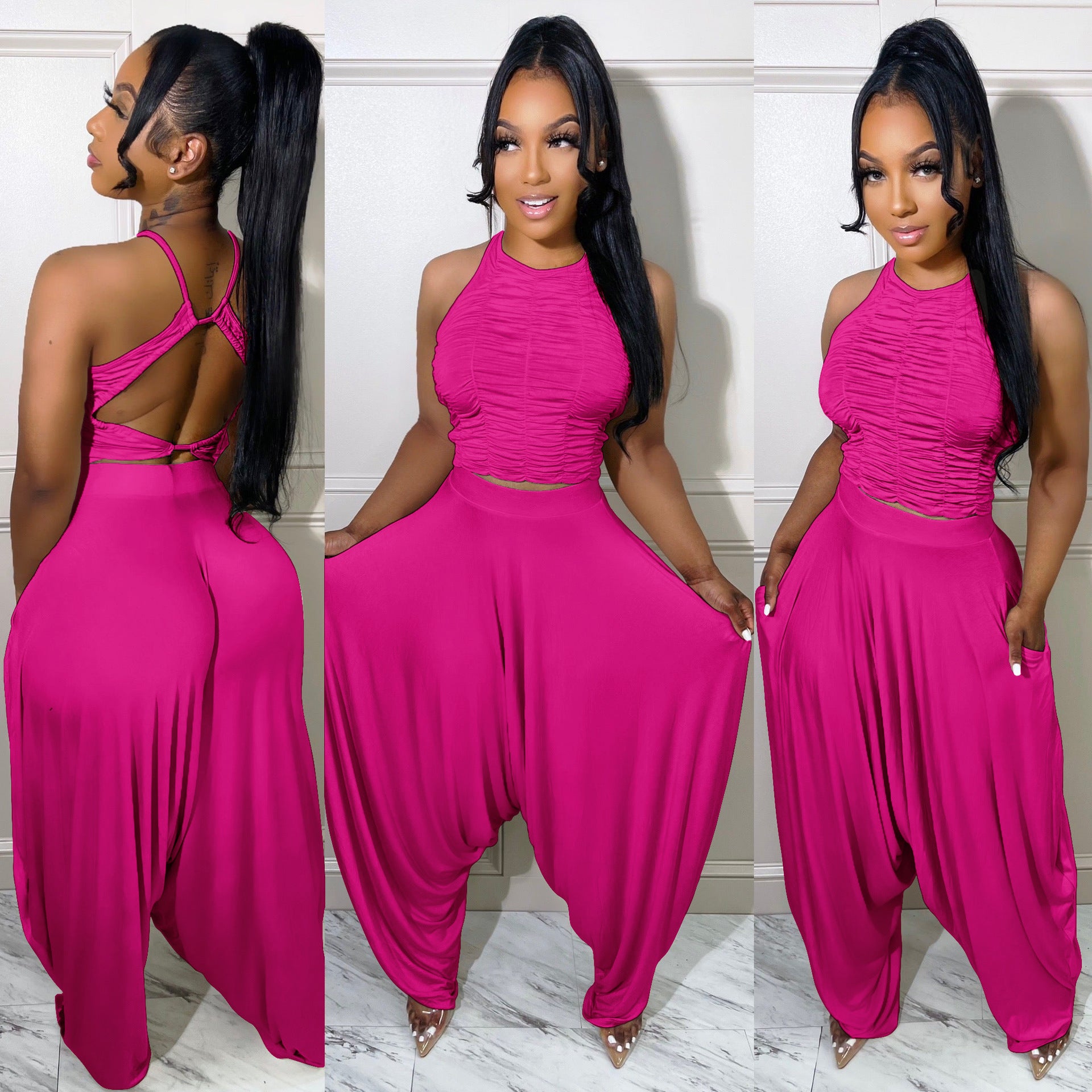Women summer sexy pleated sleeveless top + wide leg pants two-piece set 9