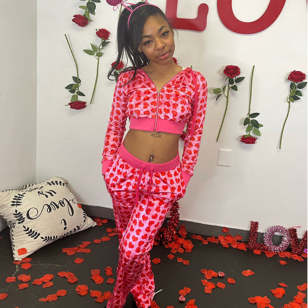 Women Sexy Hooded Printed Zipper Crop Top and Pants Two-piece Set 3