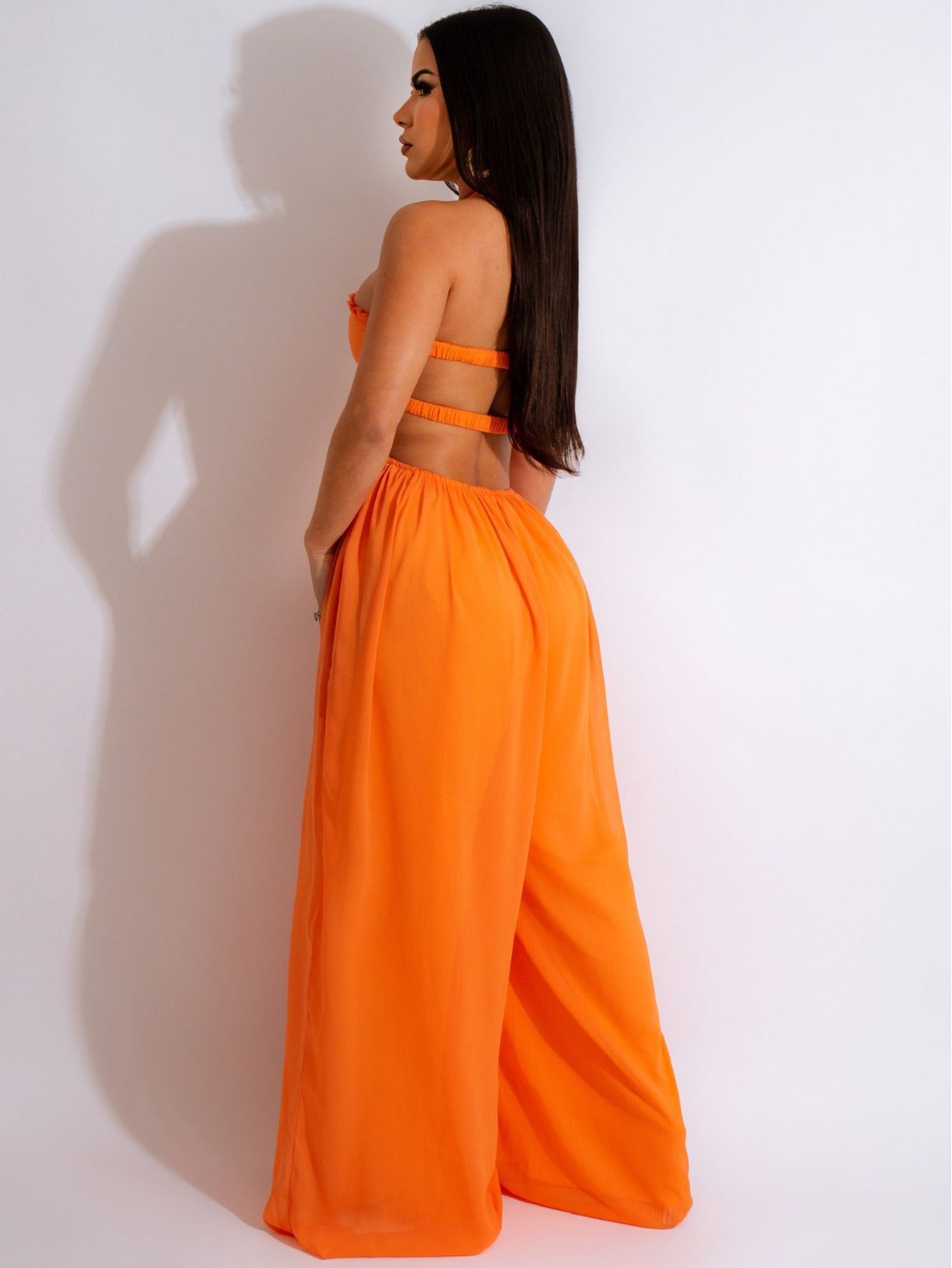 Women sexy chiffon wrap chest backless wide feet Jumpsuit 5