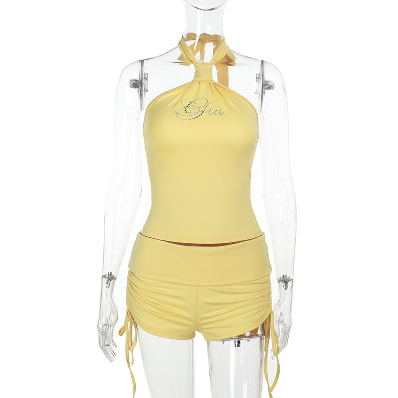 Women Summer Pleated Beaded Halter Neck Top And ShortsTwo Piece Set 9