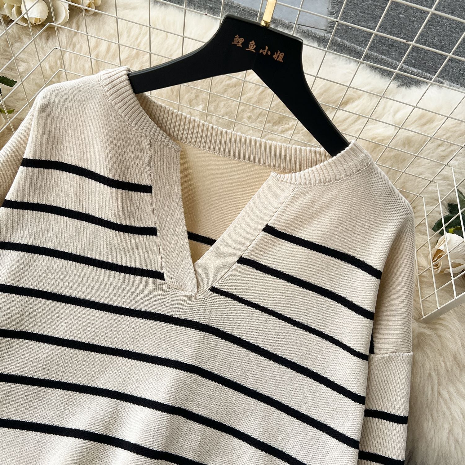 Women Casual V Neck Striped Knitting Top and Pants Two-piece Set 24