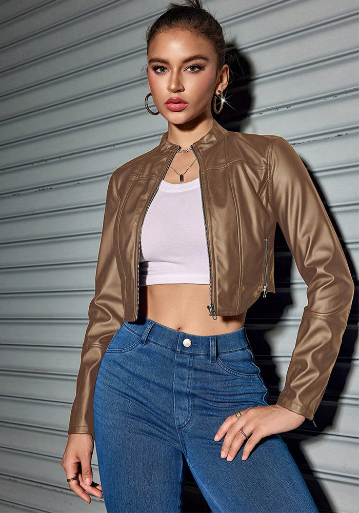 Stand Collar Slim Fit Leather Jacket Long Sleeve Short Outerwear PU Brown Biker Coat