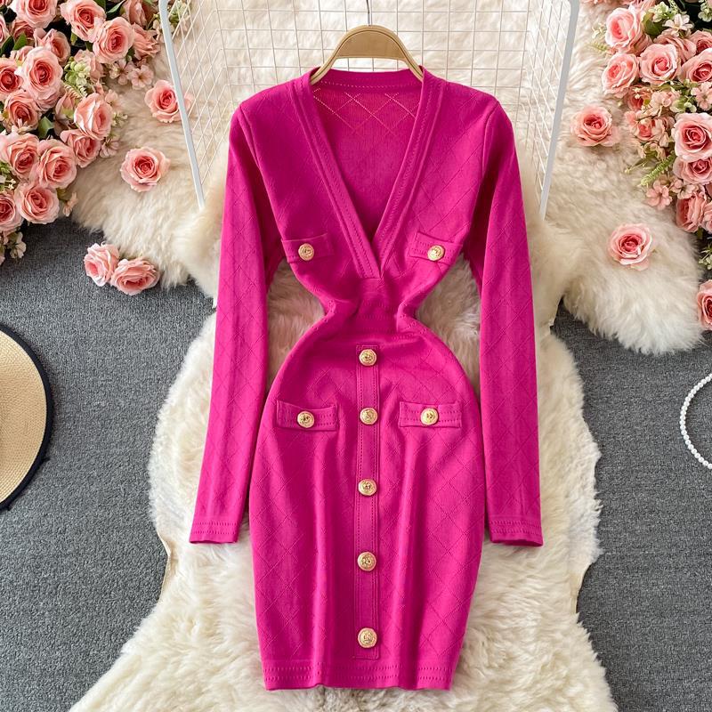 Autumn And Winter Women's V-Neck Long-Sleeved Sweater Dress Slim Fit Bodycon Knitting Dress 10