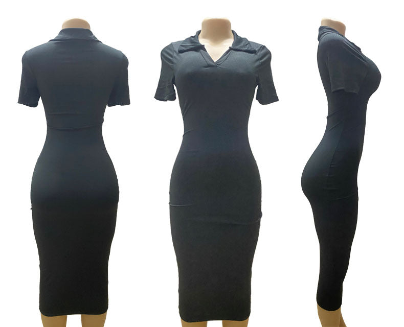 Women Summer Turndown Collar Short Sleeve Sexy Solid Bodycon Dress 12