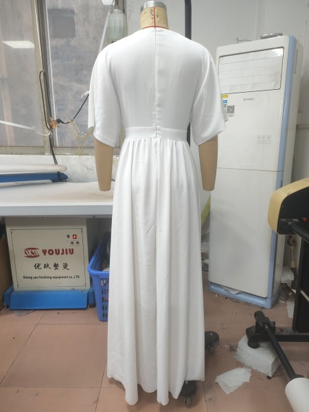 Elegant White V-Neck Slit Half-Sleeve Bow Tie Spring And Summer Women's Dress 8