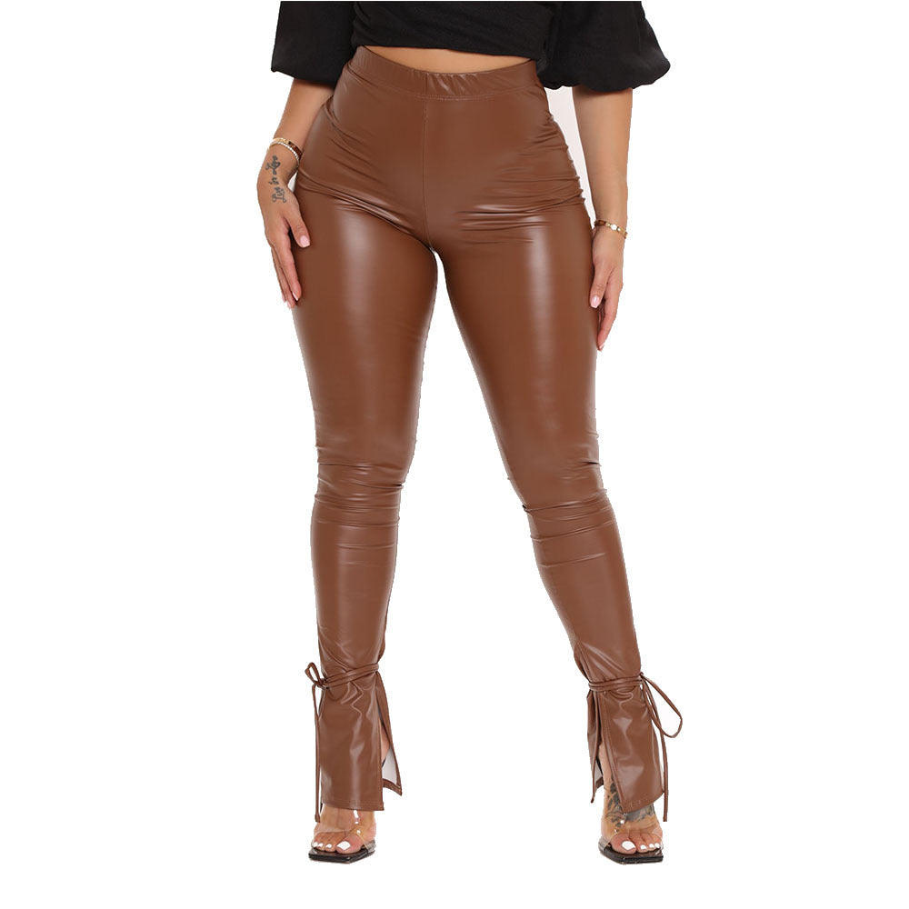 Women Fall Stretch Lace-Up Bell Bottom Side Slit Pu Leather Pants 4