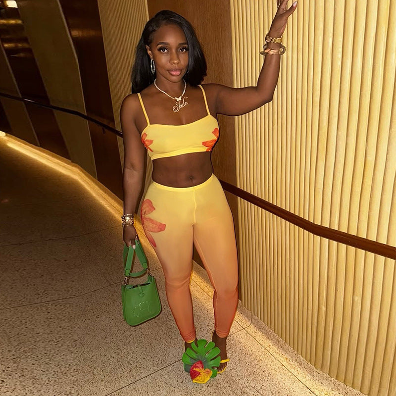 Women Sexy Floral Gradient Printed Camisole Vest Top and Trousers Two-Piece Set 5