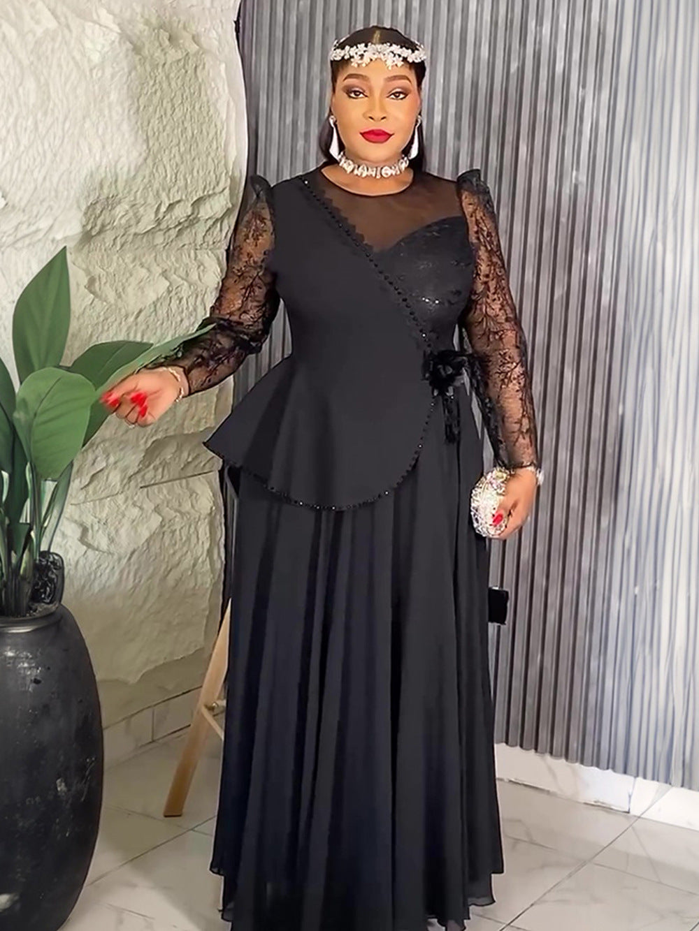 Lace Trim Plus Size African Embroidered Evening Gown 7