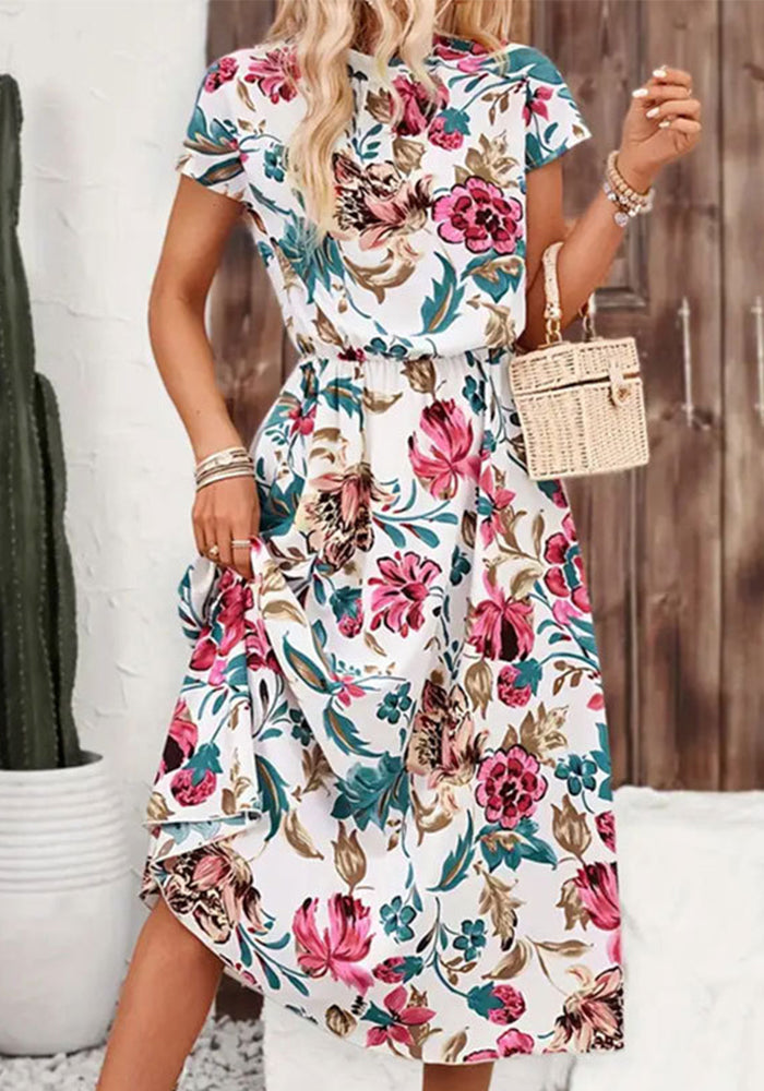 Women's Flower Print Loose Stand Collar Short Sleeve Spring and Summer Midi SDress