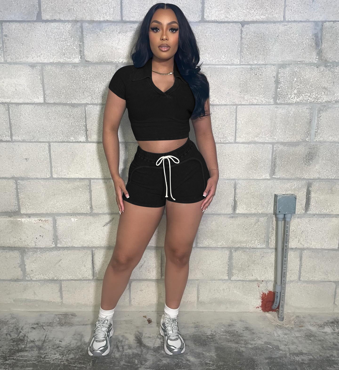 Women's Ribbed fashion Casual Two Piece Shorts Set 5