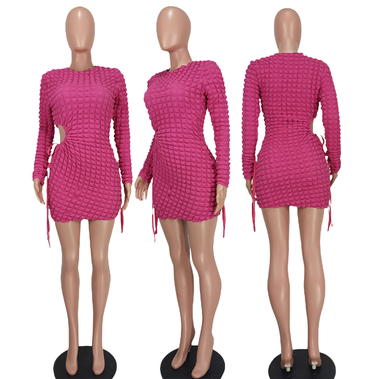 Women Fashion Drawstring Plaid Sexy Cutout Bodycon Dress 19