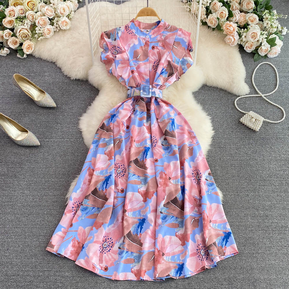 summer stand collar slim waist printed a-line high waist elegant chic long dress 19