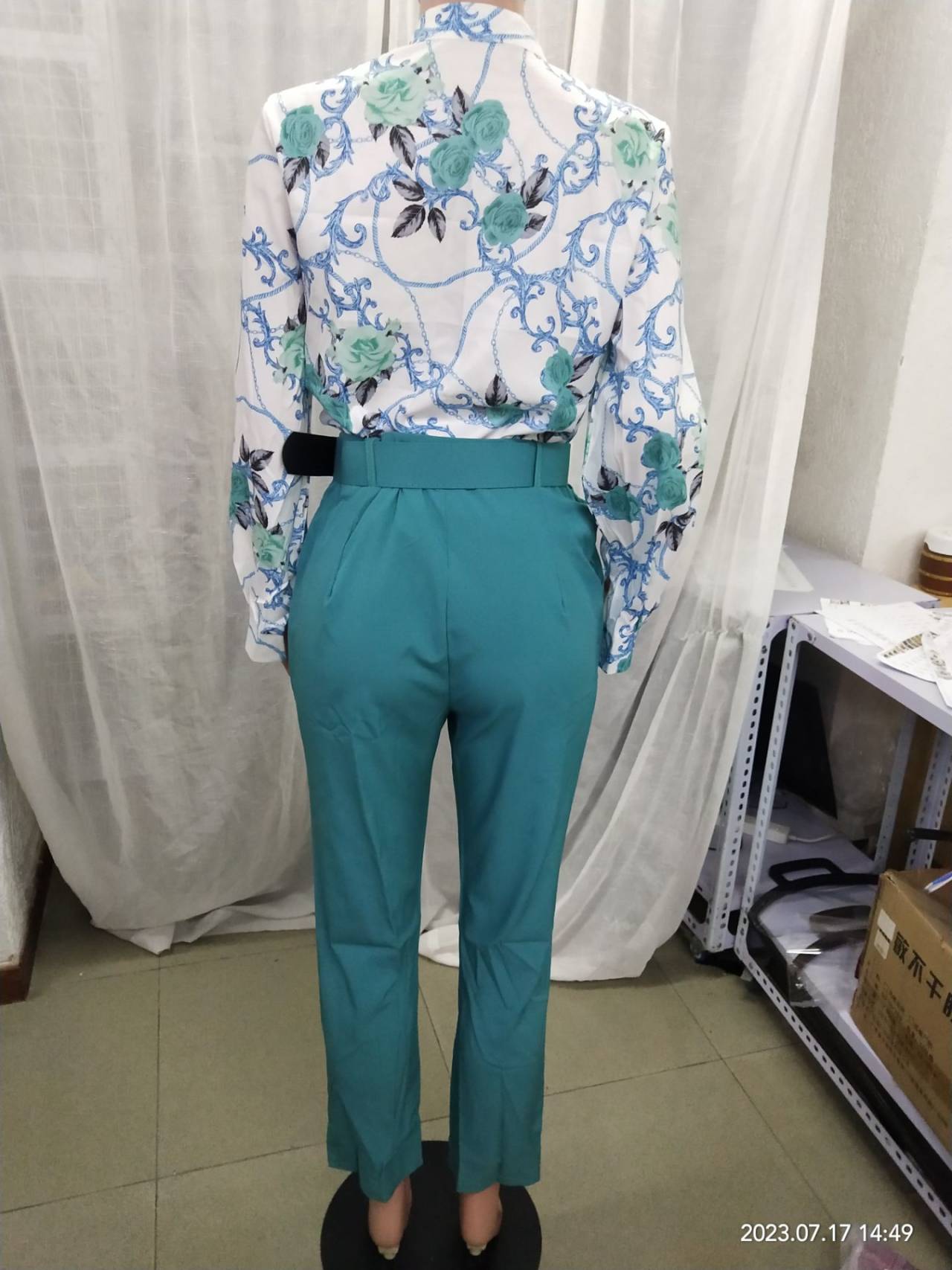 Women Long Sleeve Printed Shirt + Solid Pant Casual Two-Piece Set (No Jacket) 23