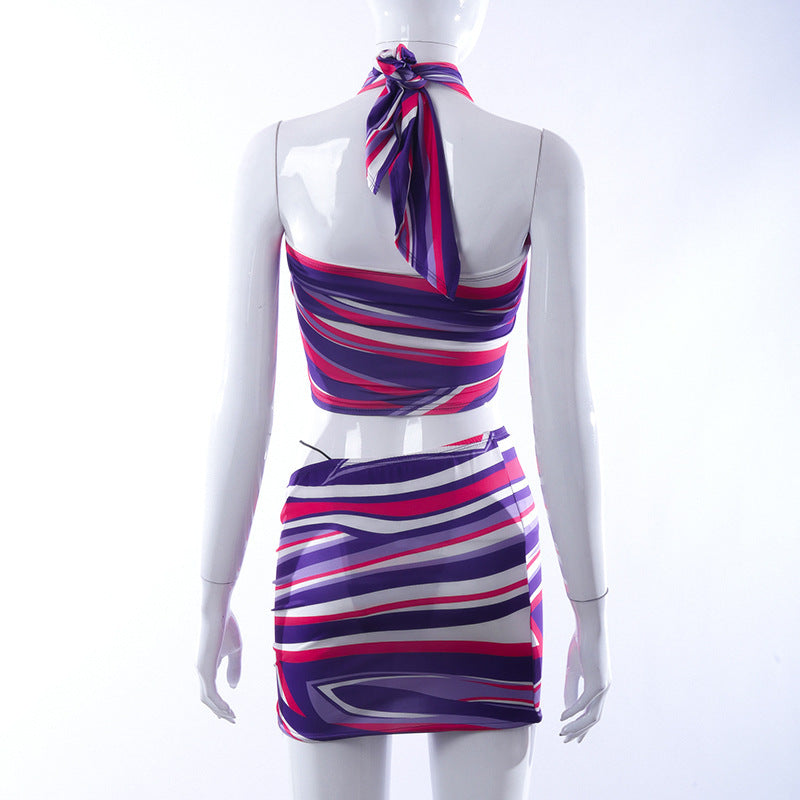 Women's Spring Summer Contrast Print Sleeveless Halter Neck Crop Top & Skirt Set 8