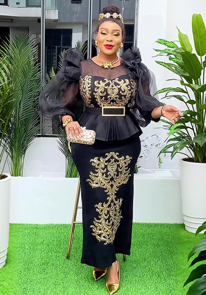 African Plus Size Women's Clothing Patchwork Bubble Sleeve Sequined High Waist Evening Dress