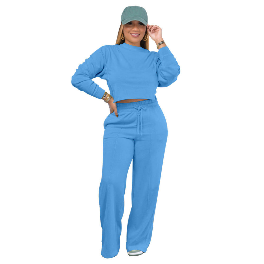 Solid Color Long Sleeve Pocket Straight Pants 2 Piece Set 21