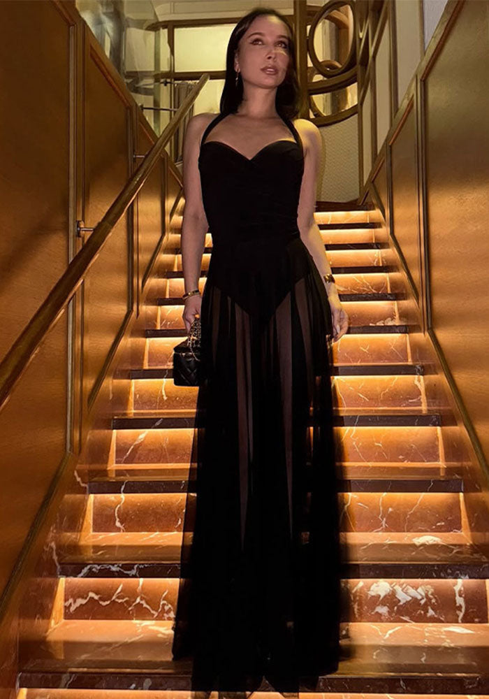 Women Spring Summer Sexy Mesh Patchwork Sleeveless Halter Neck Dress