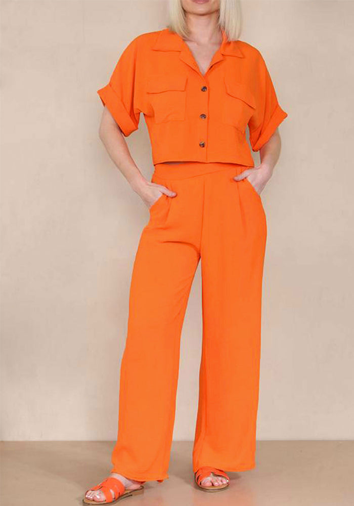 Women Casual Orange Short Sleeve Top and trousers two-piece set