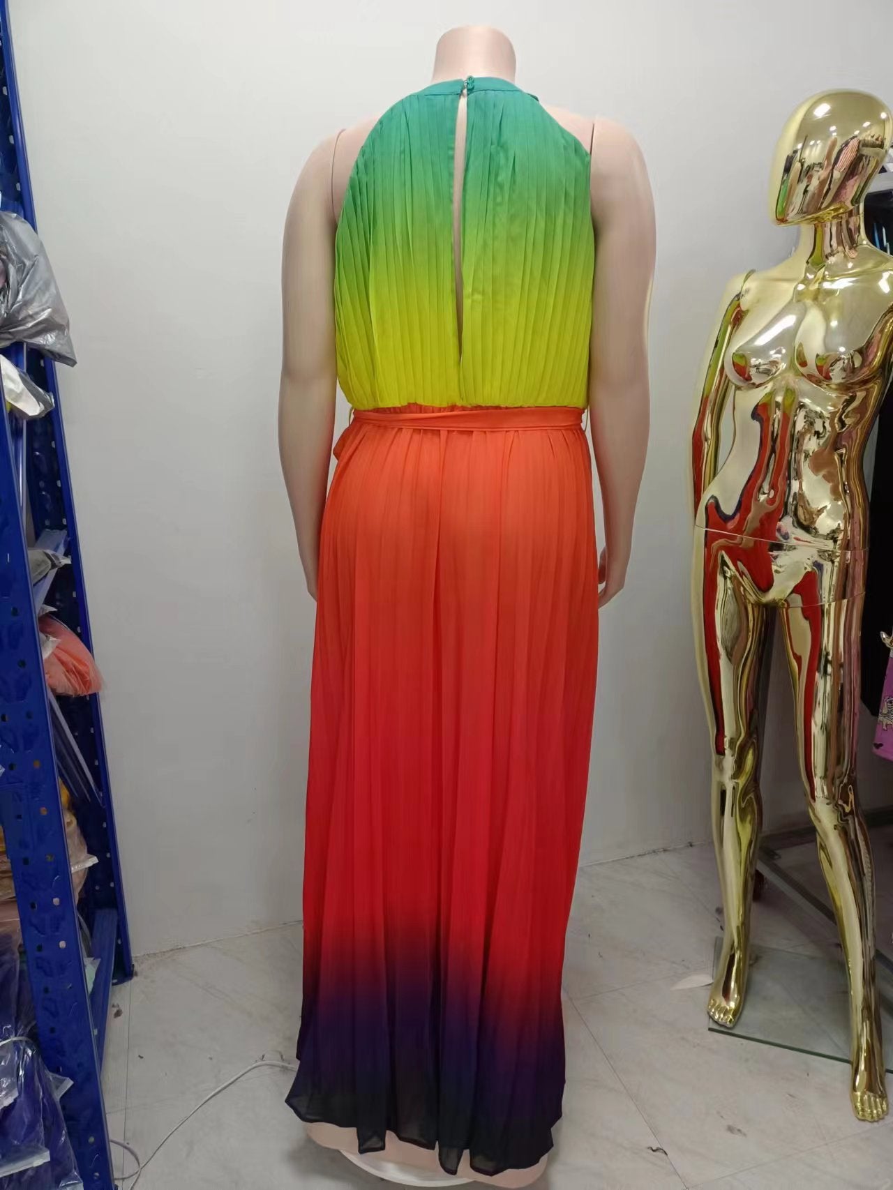 Women's Round Neck Sleeveless Maxi Pleated Tie Dye Pressed Pleated Slim Waist Rainbow Dress 13