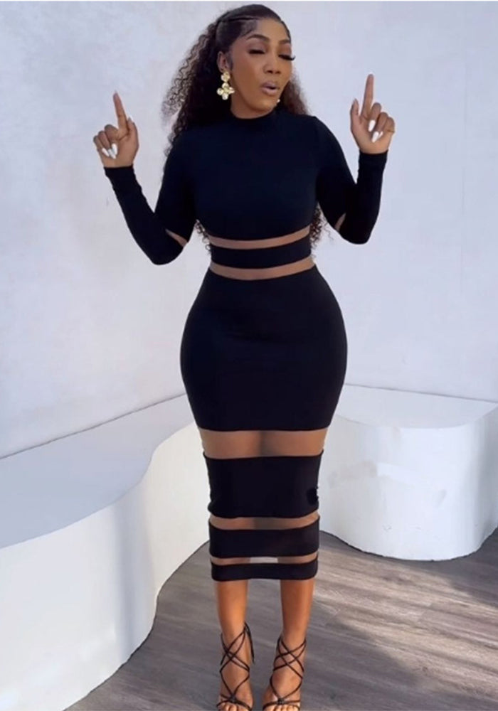 Sexy Mesh Patchwork High Neck Slim Long Dress 3