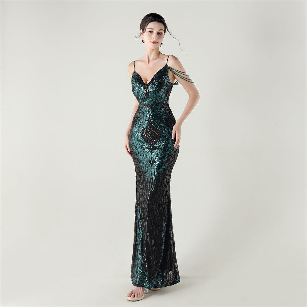 Women dangling beaded chain embroidered sequined V Neck Backless Formal Party evening dress 12