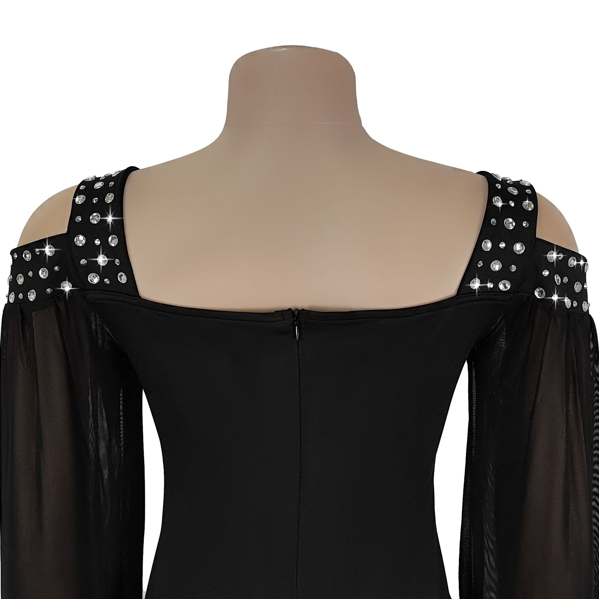 Fashion Women's Elegant Rhinestone Square Neck Mesh Slim Long Dress 7