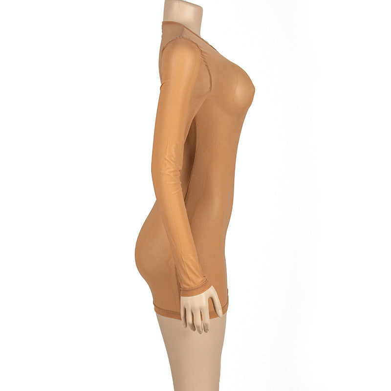 Autumn Solid Color Round Neck Long Sleeve Mesh Sexy Long Sleeve Bodycon Dress 12