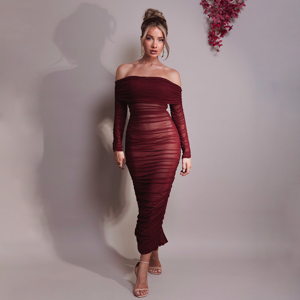 Women Autumn Bodycon Sexy Mesh Off Shoulder Gathered Dress