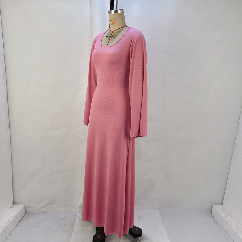 Women Autumn Loose U-neck Lace-up Long Sleeve Dress 18