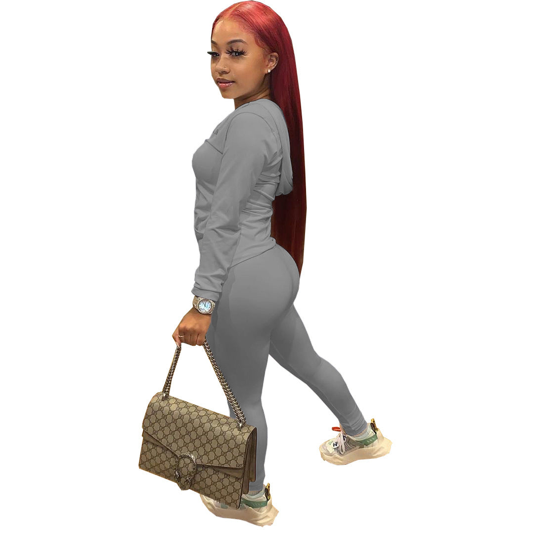 Women Summer Sports Hooded Full Sleeves Solid Pockets Regular Two Piece Pants Set 41