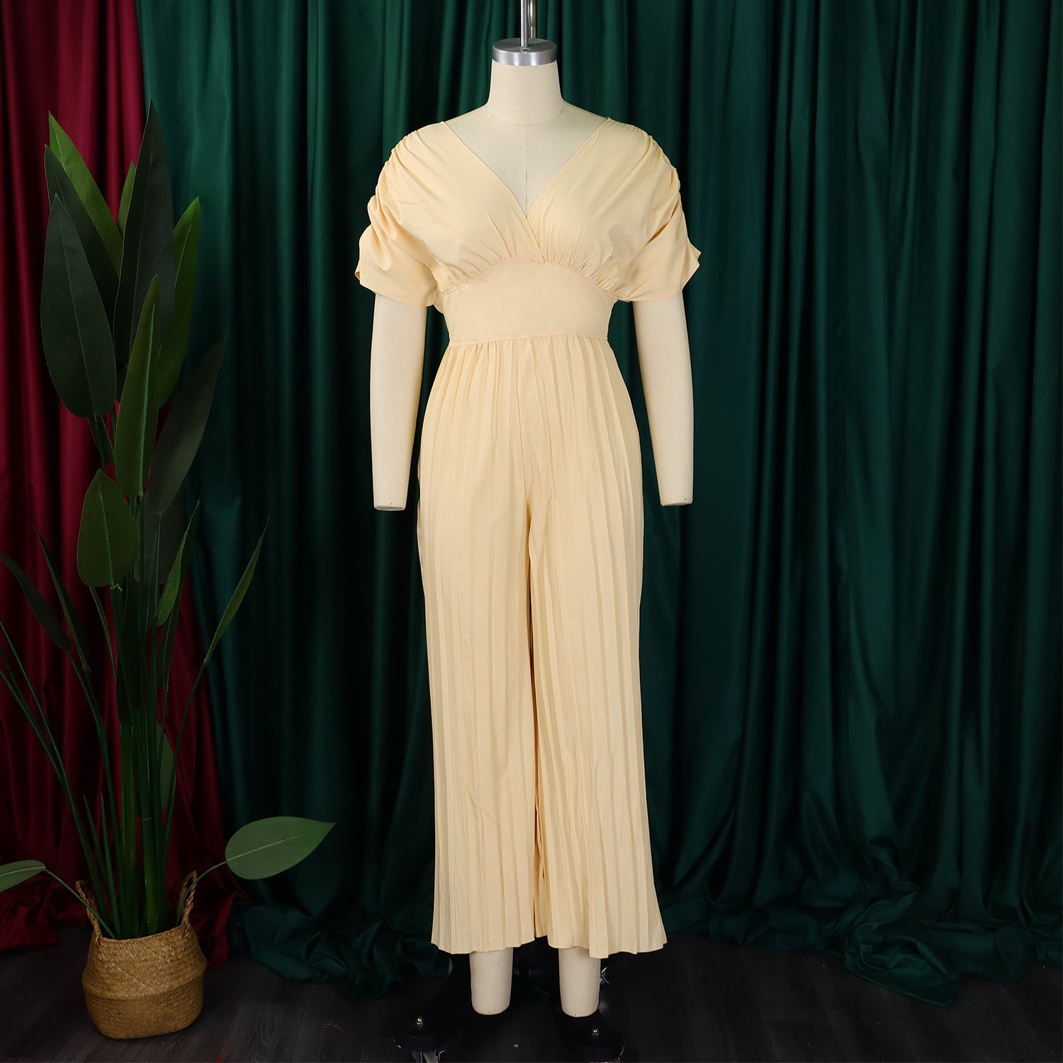 Women's V Neck Solid Color Pleated Jumpsuit 11