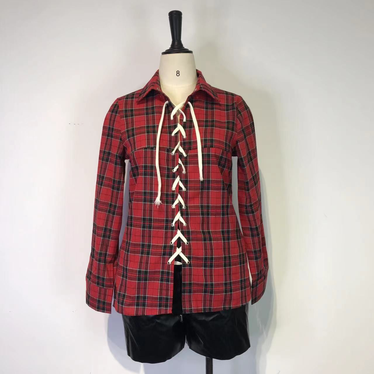 Women Casual Sexy Plaid Long-Sleeve Lace-Up Shirt 12