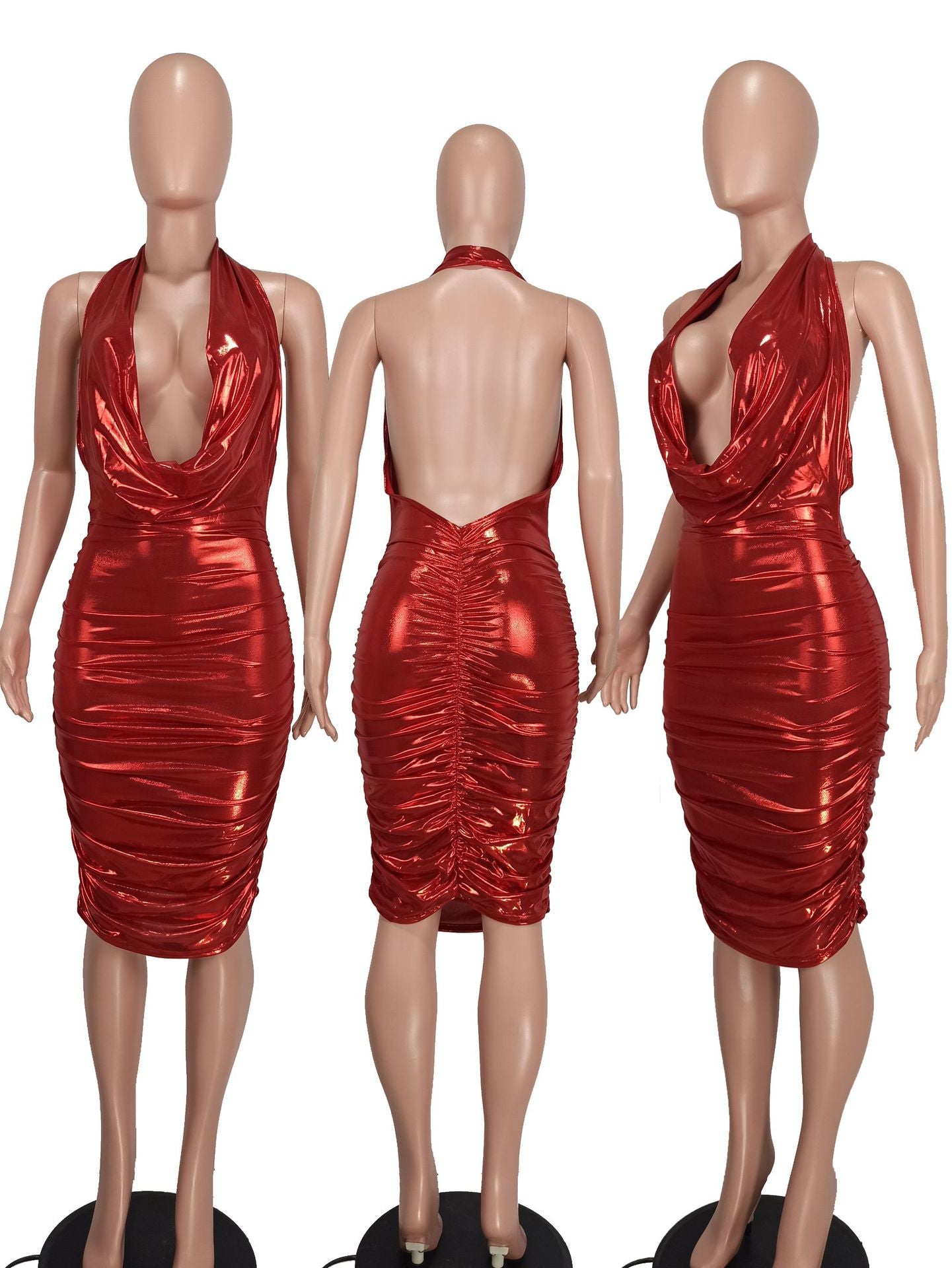 Ladies Sexy Low Neck Low Back Shiny Dress 17