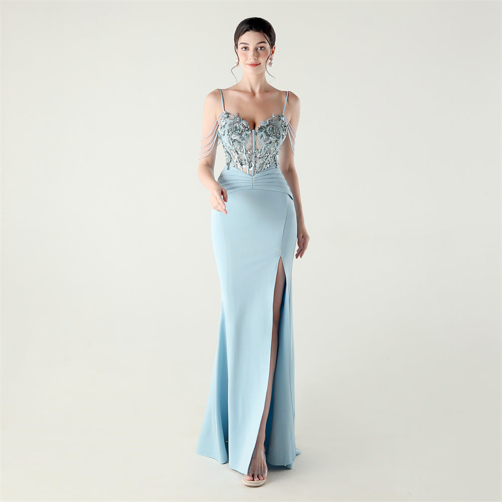 Women Applique Beaded Tube Fishbone Pressed Beaded Off-shoulder Sexy Evening Dress 12