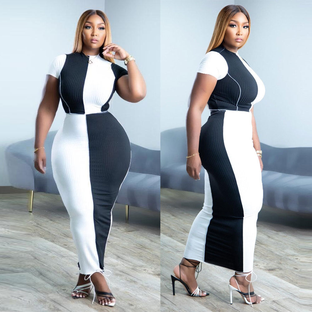 Plus Size Women Black and White Colorblock Short Sleeve Top+Skirt Two-piece Set 3