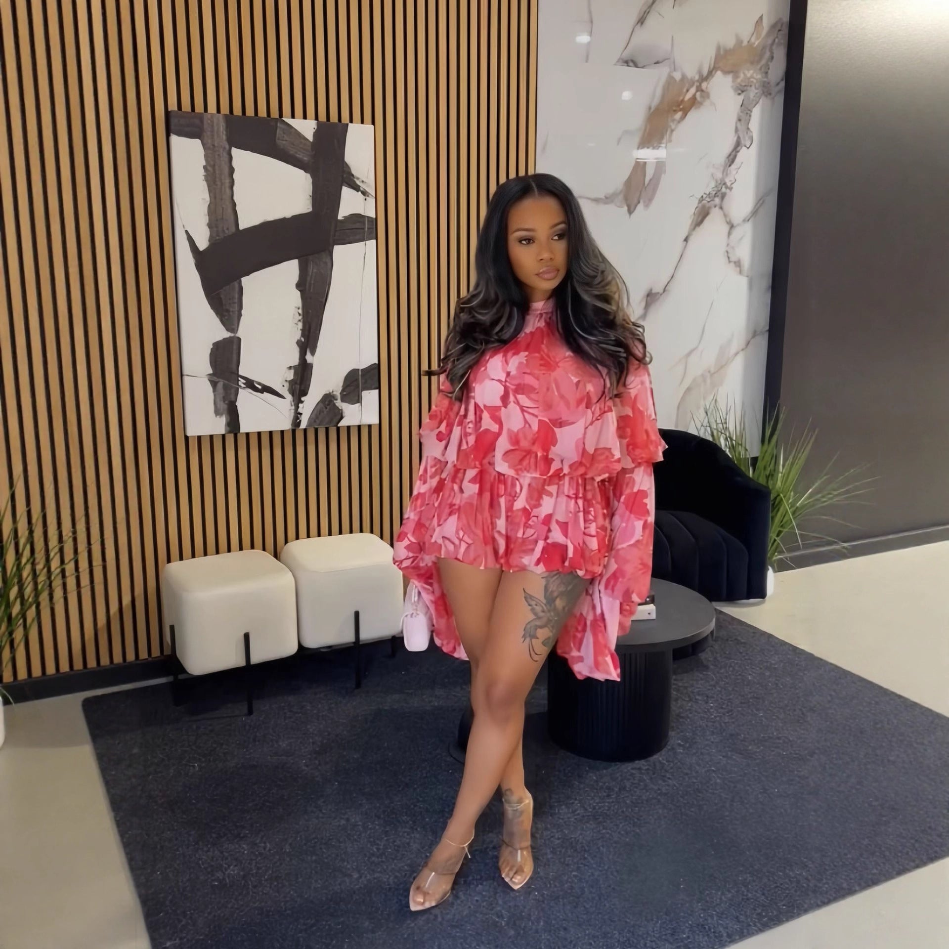 Women's Summer Casual Printed Round Neck Lantern Sleeve Two-Piece Shorts Set 6