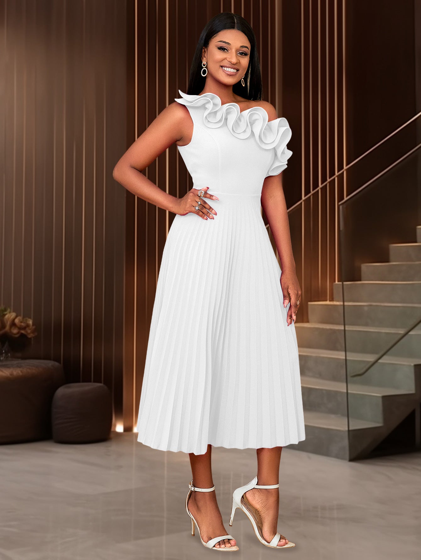 Women One Shoulder Slash Shoulder Formal Party Pleated Dress 7