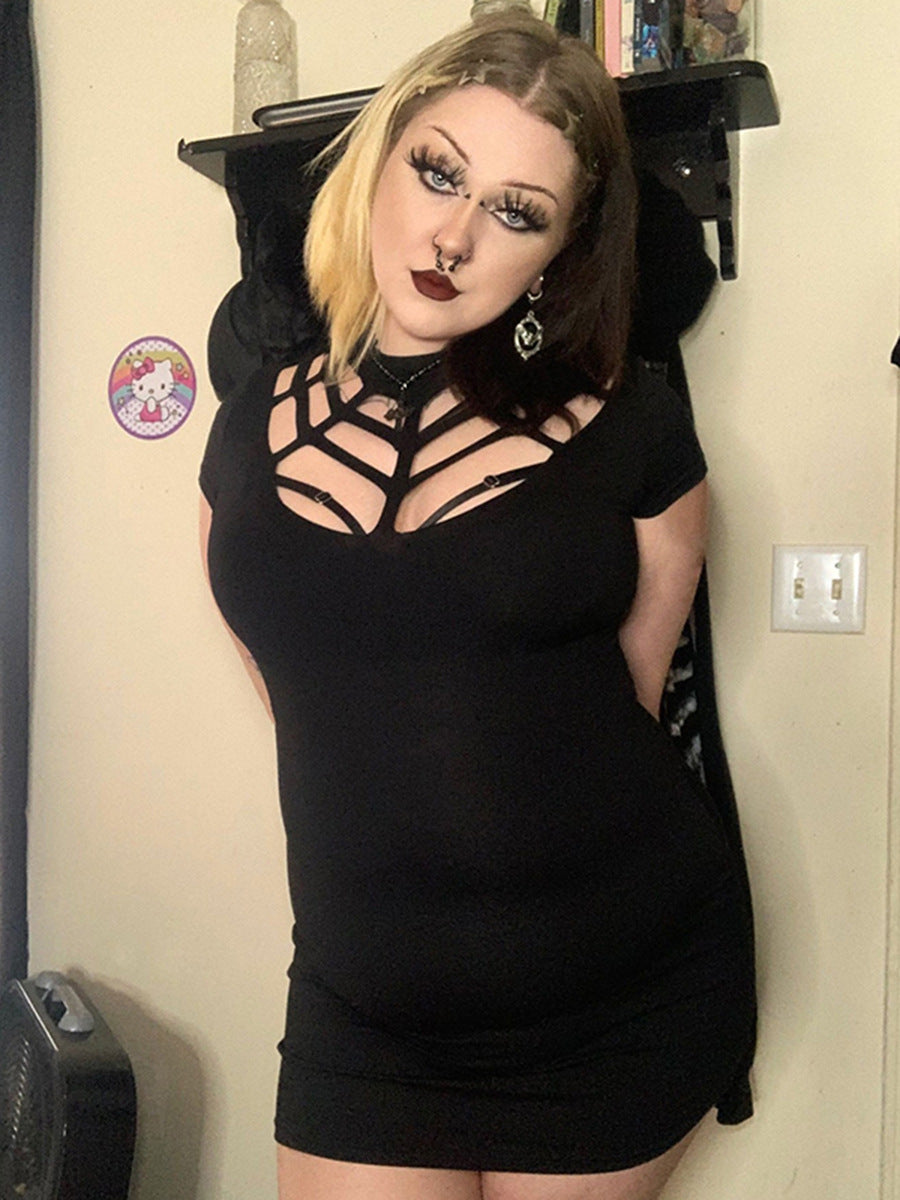 Women's summer fashion hollow solid color Patchwork Round Neck short sleeve slim dress 5