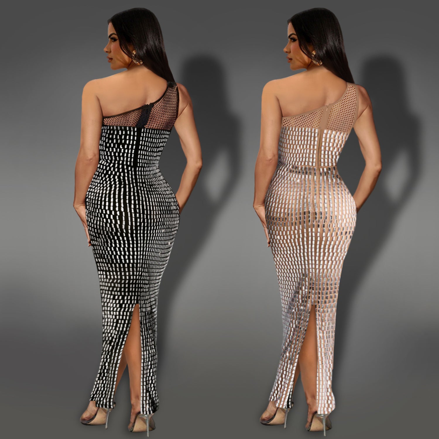 Fashion Women's Sexy Mesh Beaded Slash-Shoulder Sleeveless Long Dress