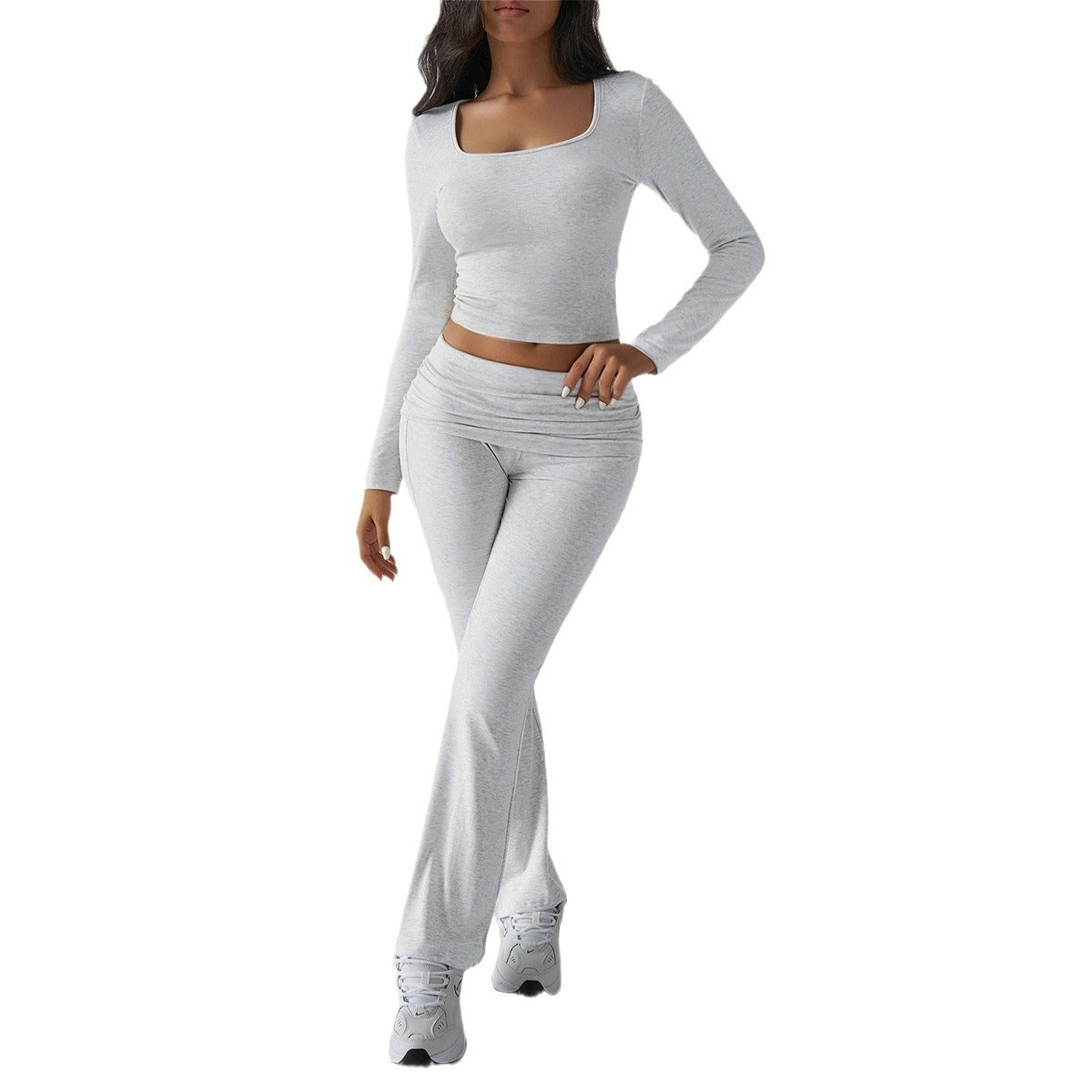 Autumn/Winter Y2K Casual Fitted U-Neck Long Sleeve Top & Flared Pants Set 6