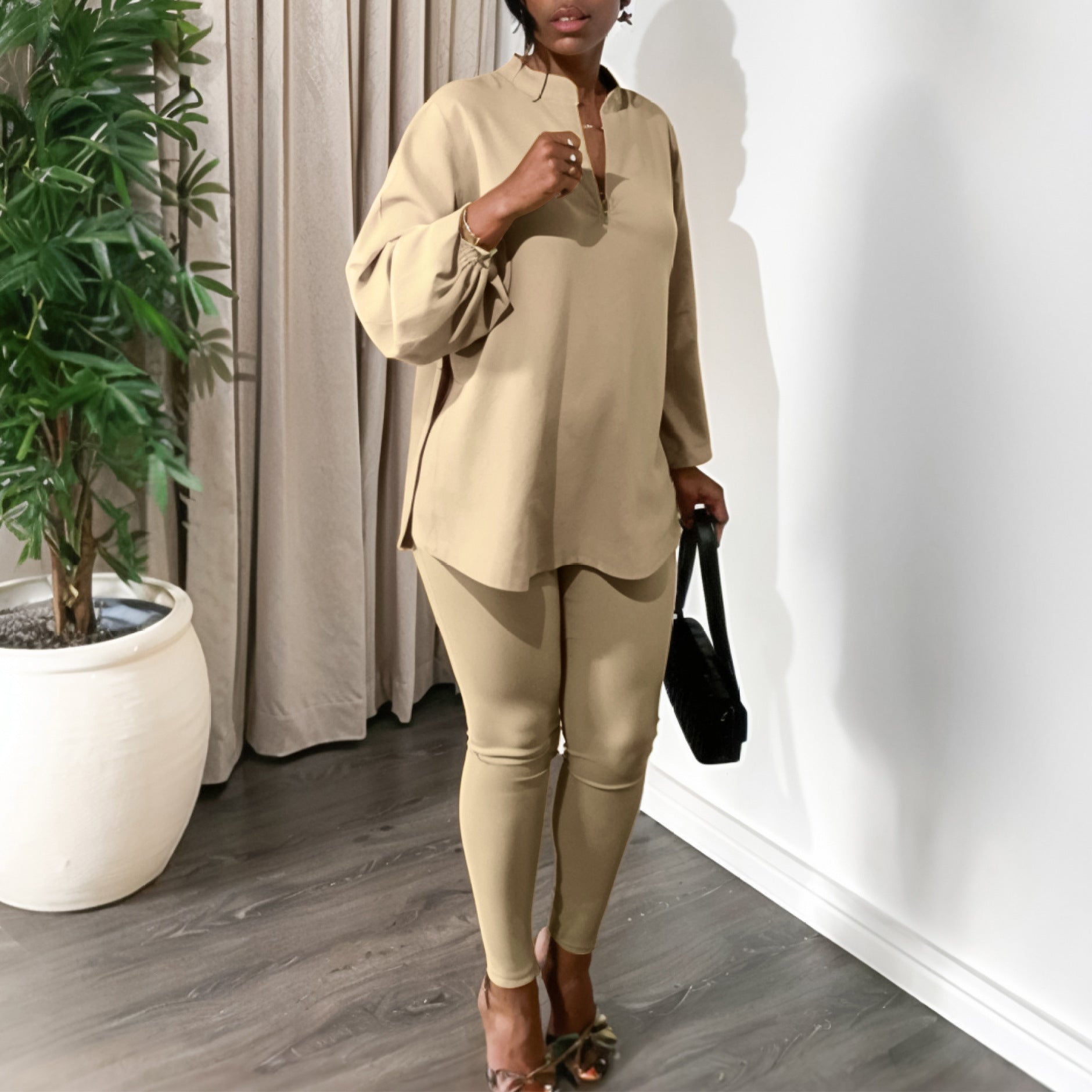 Women's Fall Winter Fashion Solid Color Plus Size V Neck Long Sleeve Top Pants African Suit 3