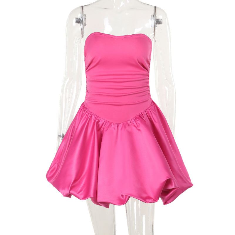 Autumn Fashion Women's Chic Slim Patchwork Satin Strapless A-Line Dress 5