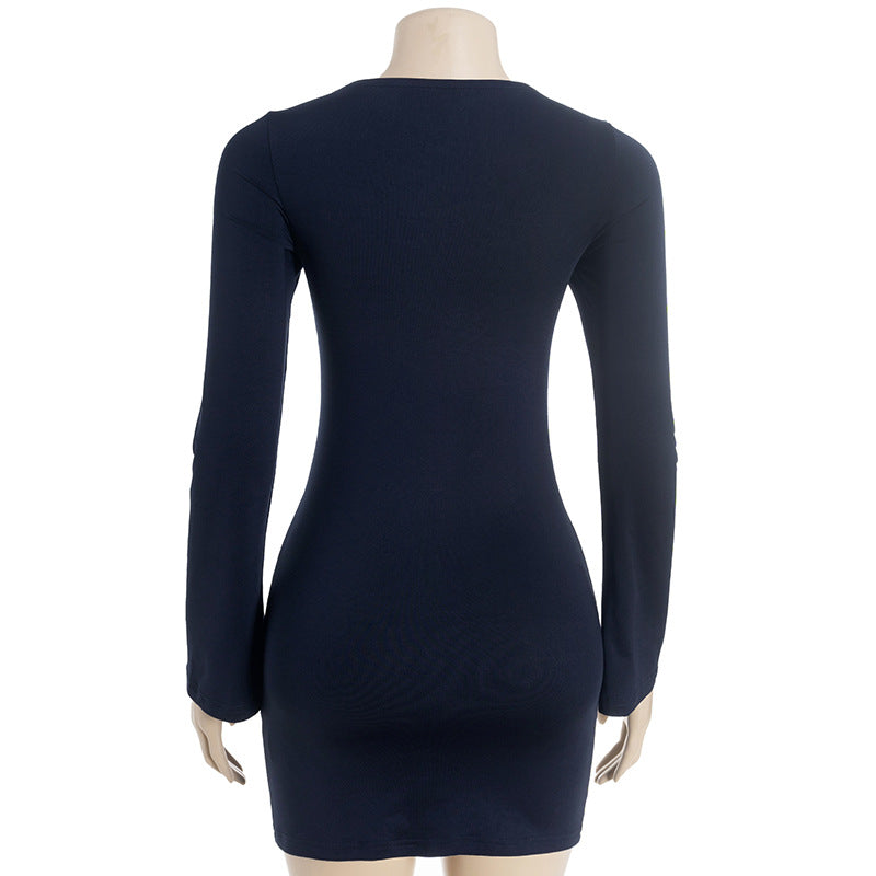 Women Fall Square Neck Long-Sleeved Solid Bodycon Dress 5