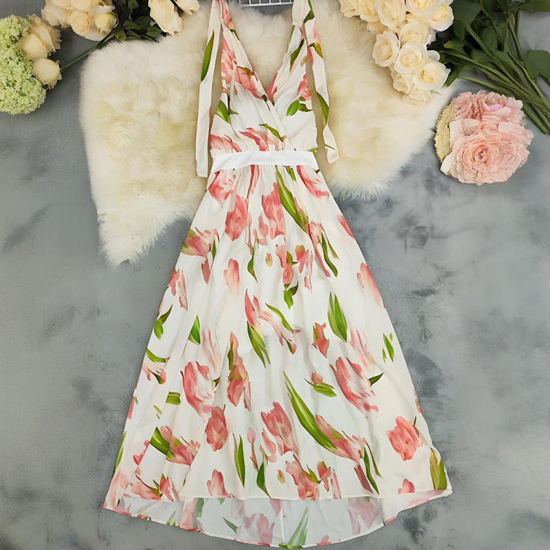 Women Suspender Print Beach Holidays Dress