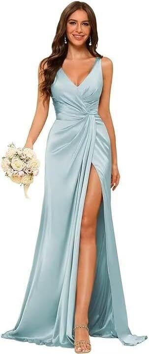 Women's Strap V-Neck Bridesmaid Dress Sleeveless Satin High Slit Prom Dress（Processing time need 3-6 days） 10
