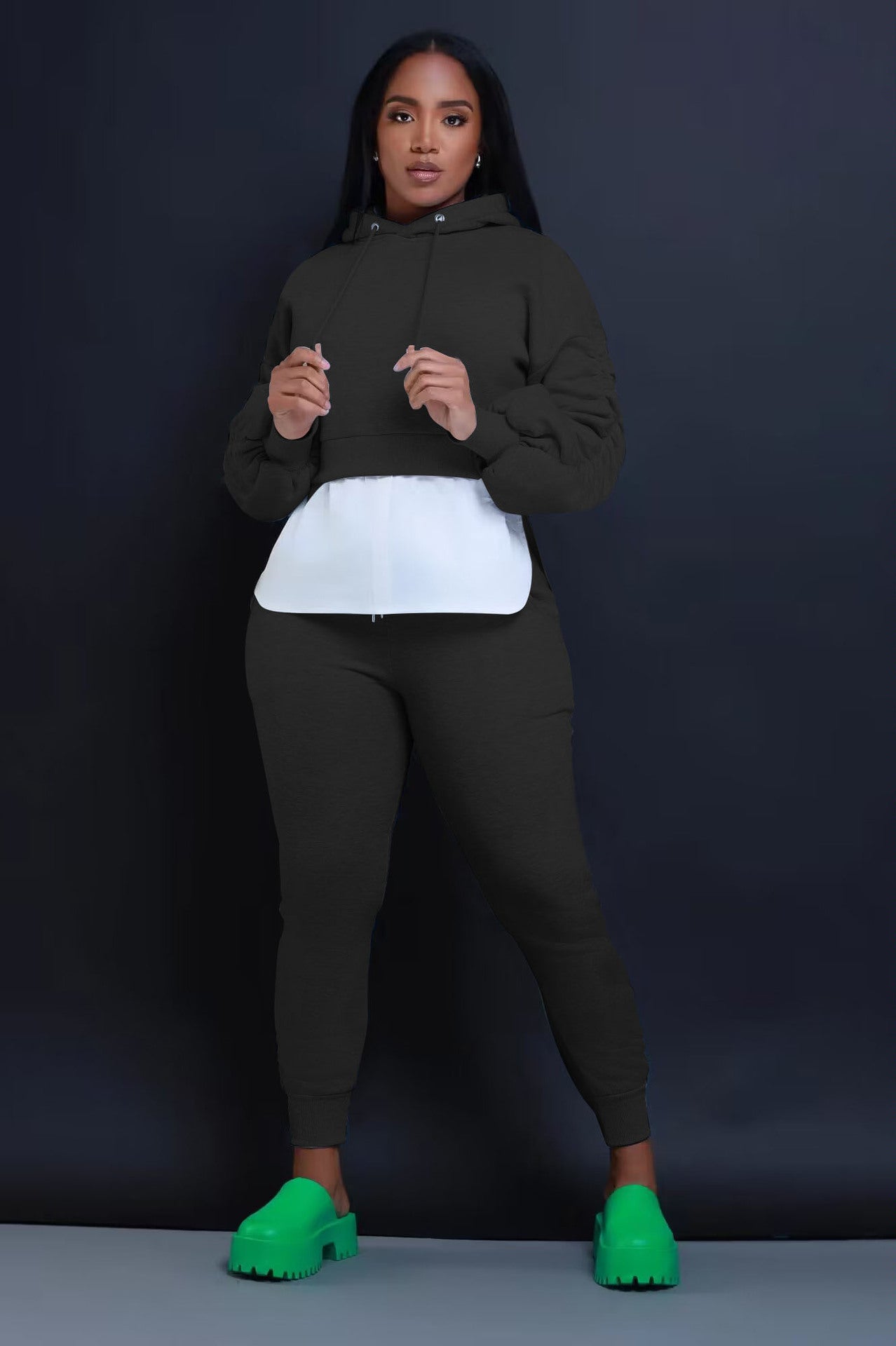 Women Casual Fall/Winter Patchwork Hoodies and Pant Two-piece Set 3