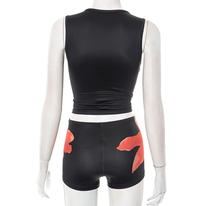 Women's Casual Starfish Print Round Neck Sleeveless Crop Top & Shorts Set 9