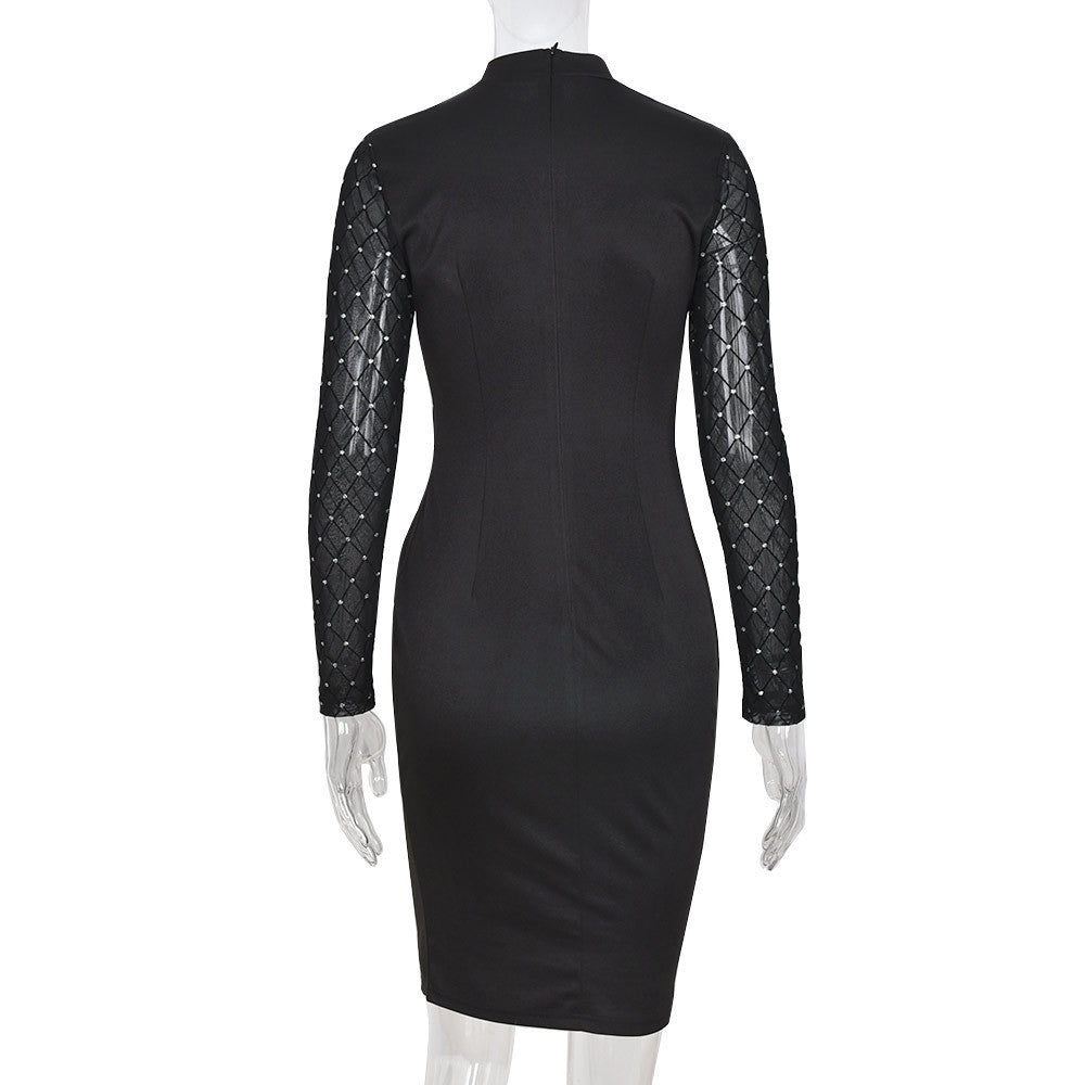 Women's Autumn Slit Stand Collar Slim-Fitting Patchwork Mesh Plaid Dress 8