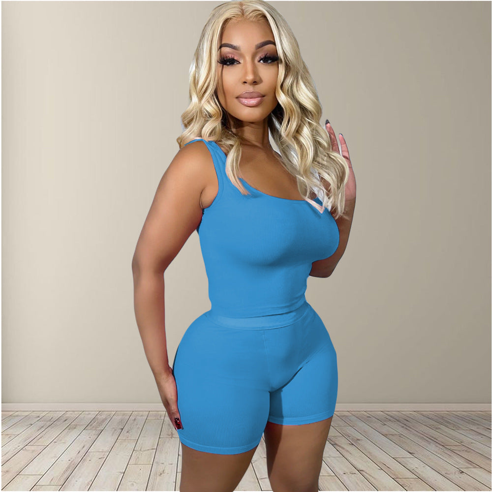 Women Solid Ribbed Top and Shorts Sports Two-Piece Set 8