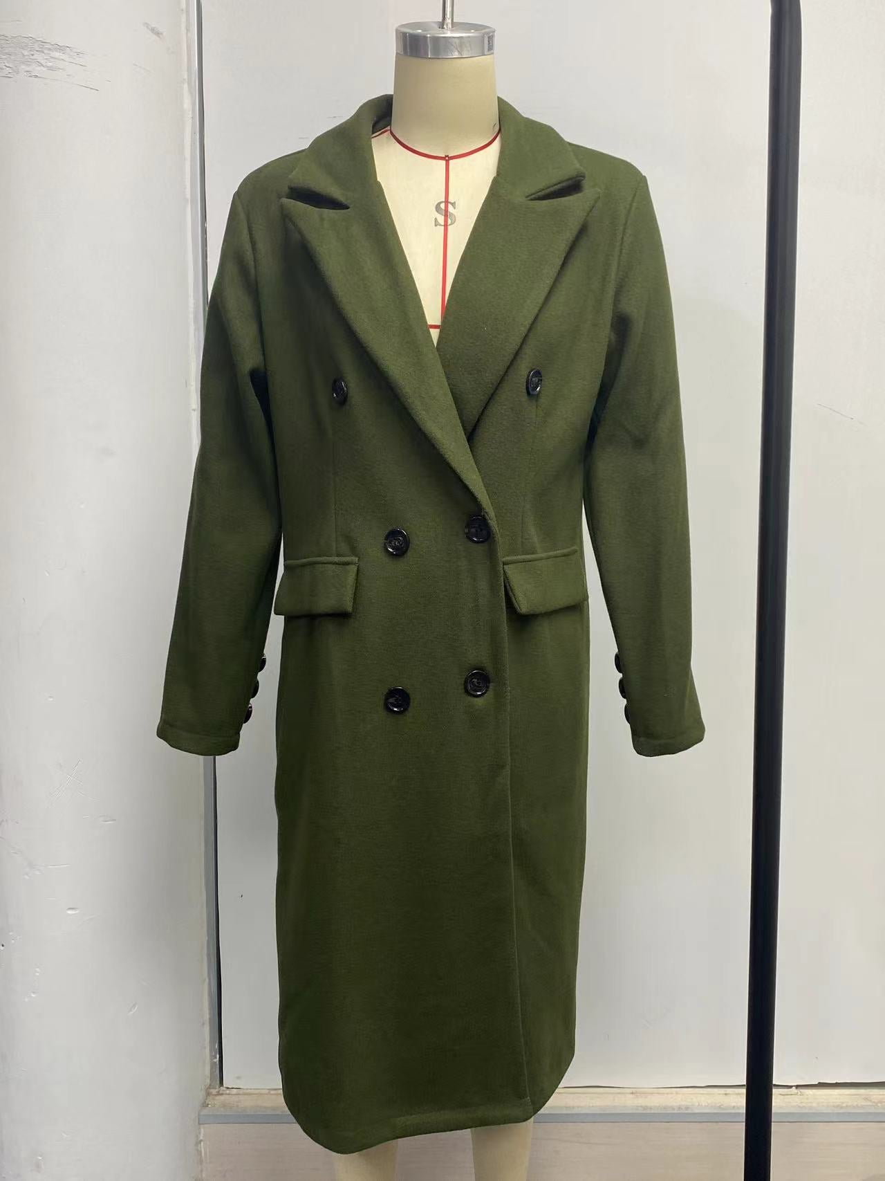 Women Solid Long Sleeve Double Breasted Pocket Coat 23